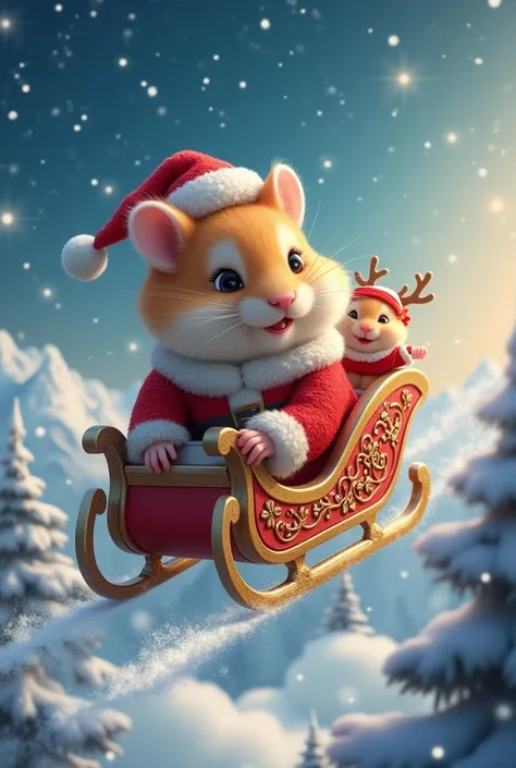 Santa Claus hamster riding a Christmas sleigh from the sky