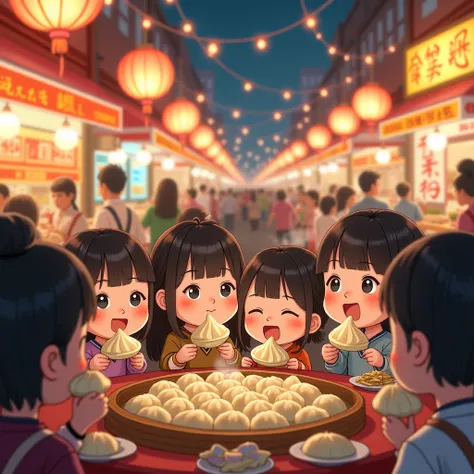 chibi people eating dumplings in Taiwan market