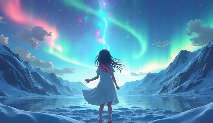 Aurora over a glacier、Iridescent glow、 fantasy、anime、 girl