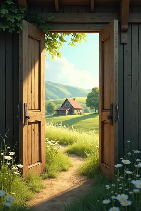 Draw me some open doors with a peaceful country landscape