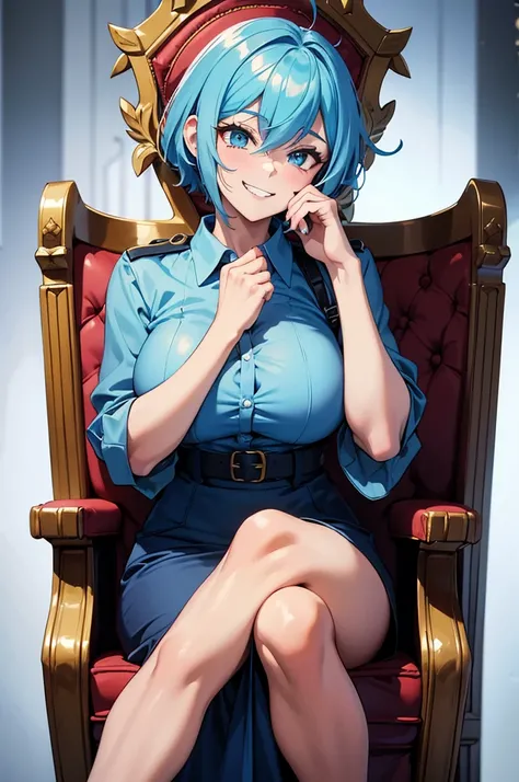 A beautiful milf sitting cross-legged on the throne and grinning,scanty blue worker clothes,police forensics,She puts her hand on her cheek,short hair,absurdres,high quality,in police office