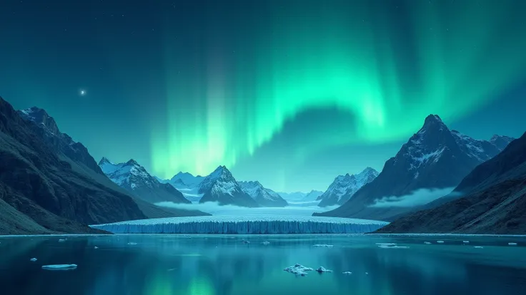 A breathtaking, dreamlike scene of an aurora borealis glowing vibrantly over an expansive glacier. The sky is illuminated with ribbons of light in shades of green, blue, and soft purples, blending seamlessly into the night sky filled with stars. The glacie...