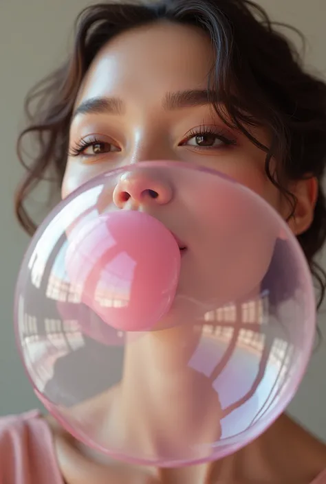 (photorealism:1.2), beautiful woman, blowing huge bubble gum