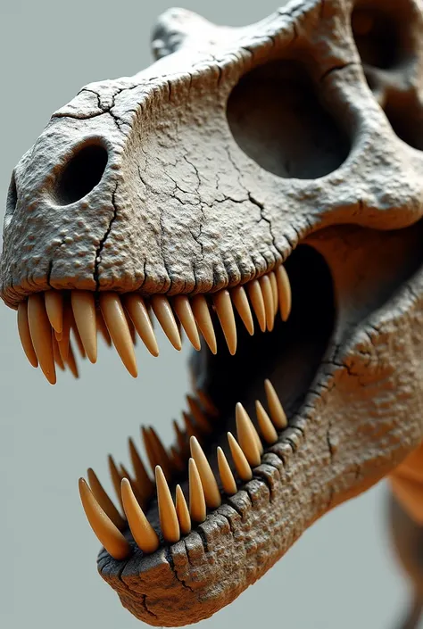 A close-up of a massive dinosaur jaw, with sharp, curved teeth visible, illustrating the process of teeth replacement."