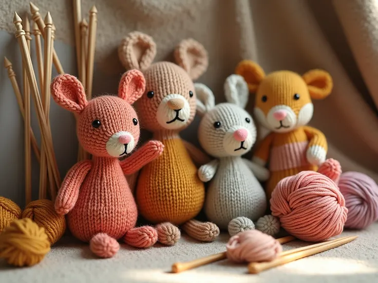 Create an image of a knitted toys. Add knitting needles and yarn to the background