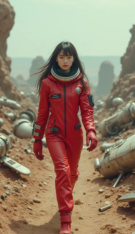 A beautiful Japanese woman in a red spacesuit walks between the wreckage of spaceships