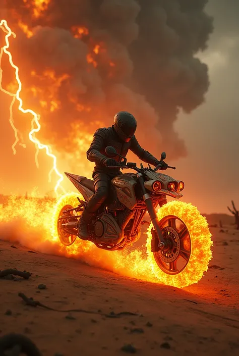 Flaming motorcycle rider on a flaming alien motorcycle in deser in storm