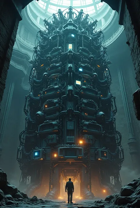 (underground facility we can see the most powerful computer ever made the body of this thing is wires metallic tentacles full of cameras and TVs movie show and static in the wires in the metal cover the entire place this computer is Giant like the size of ...