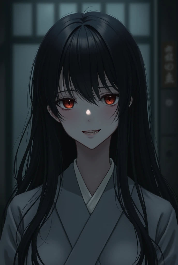 Genera A Japanese girl with a gray skin tone and long, silky black hair,  Realistic style.  He wears a traditional Japanese uniform in shades of gray .  His eyes are partially covered by soft shadows ,  creating a mysterious effect but without completely h...