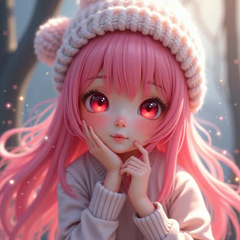 girl pink hair red eyes white knitted hat