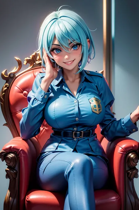 A beautiful milf sitting cross-legged on the throne and grinning,scanty blue worker clothes,police forensics,She puts her hand on her cheek,short hair,absurdres,high quality,in police office