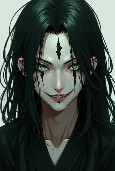 26 year old boy, semi realistic anime style,  long black hair and emerald eyes and a dark aura,  with an empty look , and a malicious smile ,  with elegant black Japanese clothes, and shark-like sharp teeth and black symbols in the middle of his face 
