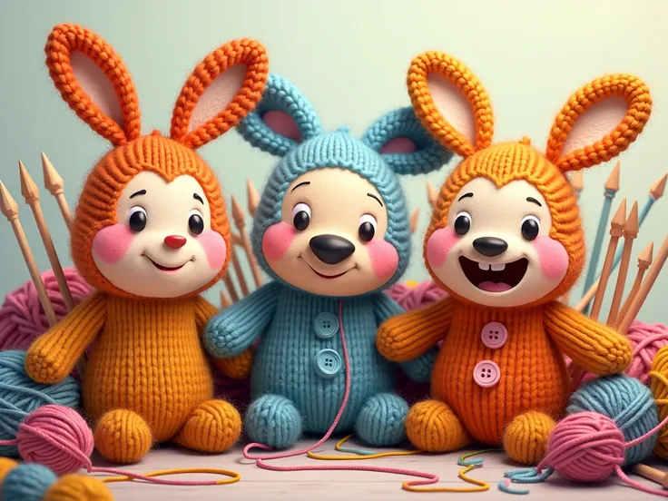 Create a caricature of a knitted toys. Add knitting needles and yarn to the background. Make it in cartoon style.