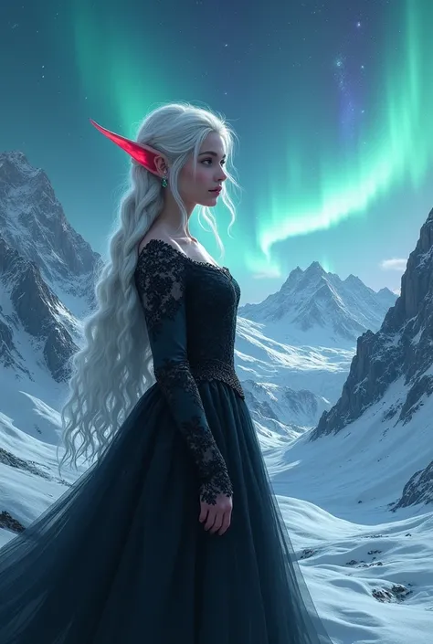  Majestic snowy mountains 、Northern Lights、Icy glacier 、Exotic beauty 、 Beautiful fantasy painting 。Inspired by：Nene Thomas， fairy tale world ， Princess Black Elf ，Red Eyes，White hair，braid，Elf ears，Lace pattern，Silk fabric， Mysterious Atmosphere， starry s...