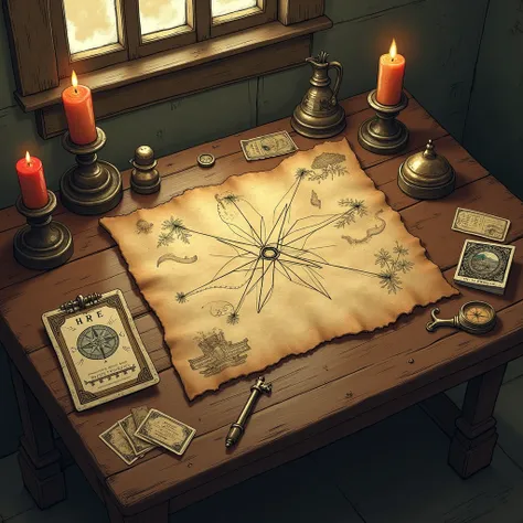 Antique plan of a treasure on a wooden table, with candles, train tickets ,  tarot cards and a compass ,  seen from the front 