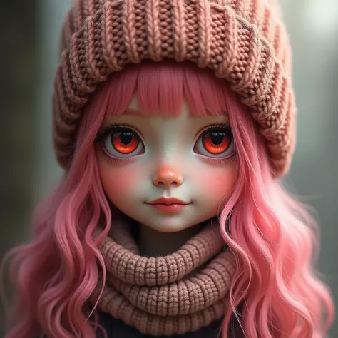 girl pink hair red eyed knitted hat