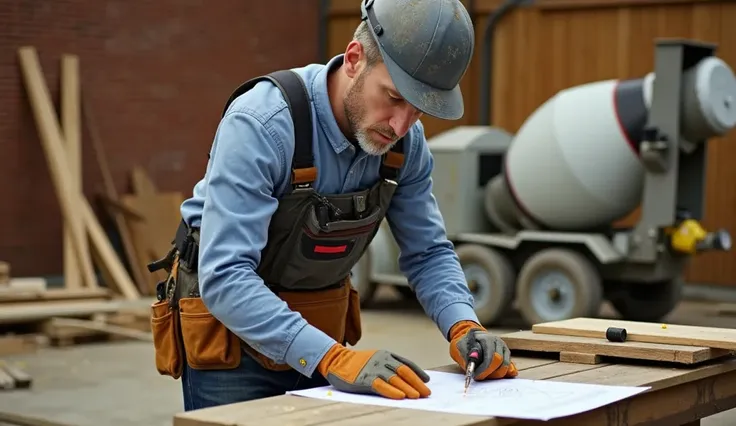 a handy man, tool belt, work gloves, construction site, brick wall, wood planks, cement mixer, hard hat, blueprint, toolbox, construction tools, tool shed, sawdust, workshop, welding sparks, industrial machinery, (best quality,4k,8k,highres,masterpiece:1.2...