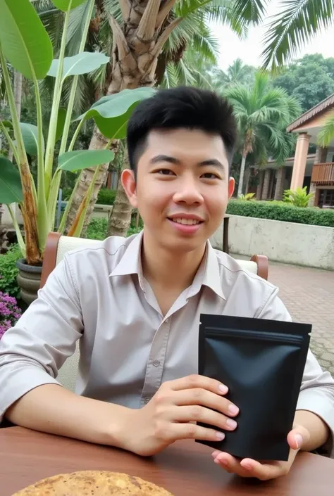 "A photorealistic image of a smart Thai man holding a smaller matte black ziplock stand-up tea pouch, about the size of his hand, appearing compact and portable. The man has a gentle smile and wears a sleek, tailored suit in a neutral tone, exuding sophist...