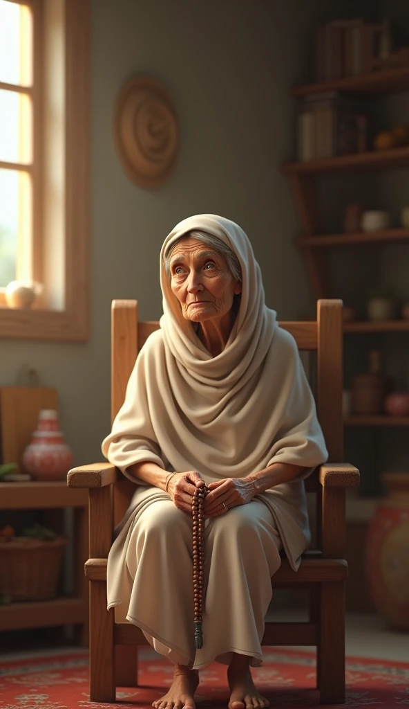 An elderly woman, around 65 years old, with kind, wrinkled features and a frail figure. She wears a simple white dupatta loosely draped over her head, symbolizing her humble and nurturing nature. Her eyes are soft and filled with a longing expression, show...