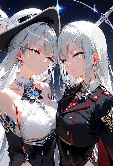 Two intimate women, celestial twins, long silver Hair，One a ethereal light sorceress the other an ethereal shadow sword saint. Sexy white woman, two tone black & silver hair, glowing silver eyes, black or white outfit with silver framed gemstones. white an...