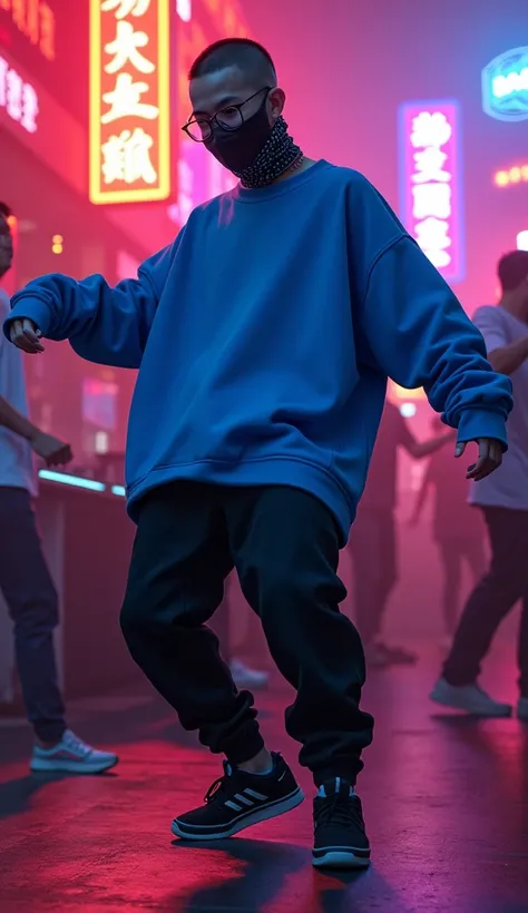 18 year old Shanghai boy, he is wearing a oversized big blue t shirt long Sleeve, he is wearing black trousers, he is wearing black sneakes, he is wearing a mask, he is wearing glasses, he is street dance, NIGHTCLUB, full body, he is buzz cut Hair