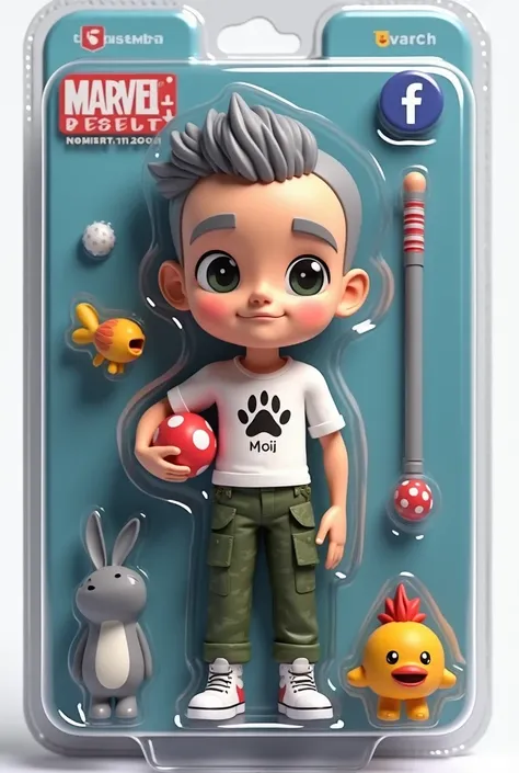 an marvelaction figure of an young adult male named Moji. He has a long undercut hairstyle, gray color hair. Wearing a military pants and white t-shirt with a paw print. Holding a ball and fish. The action figure is displayed inside a clamshell package wit...