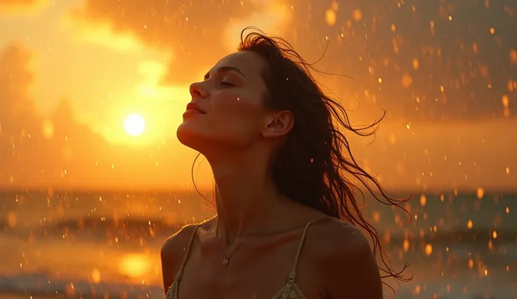 Woman standing strong in light rain, arms slightly raised, face toward sky, backlit by sunset, wet hair, expression of freedom and relief, dramatic natural lighting --ar 16:9