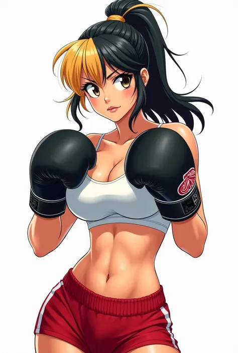 Gorgeous, Beautiful, Busty , Sexy And Mature Female with Black and blonde mix ponytail Ponytail wearing Black boxing gloves, white sports bra and red boxing trunks, Boxing fight posed, white background, 1980s anime art 