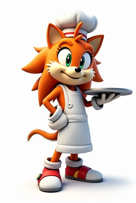 "A female hedgehog wearing a chefs uniform,  including a white chef hat and apron ,  smiling with confidence .  She is balancing a tray with one hand . The character has large,  expressive eyes and an energetic pose ,  with vibrant colors for the details o...