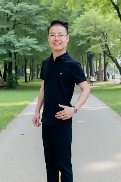 Anh Tuan, a man on a leisurely walk through a serene park. He wears a stylish black button-up shirt, neatly tucked into tailored trousers. A light gray cardigan drapes casually over his shoulders, adding a touch of sophistication to his relaxed look. The p...