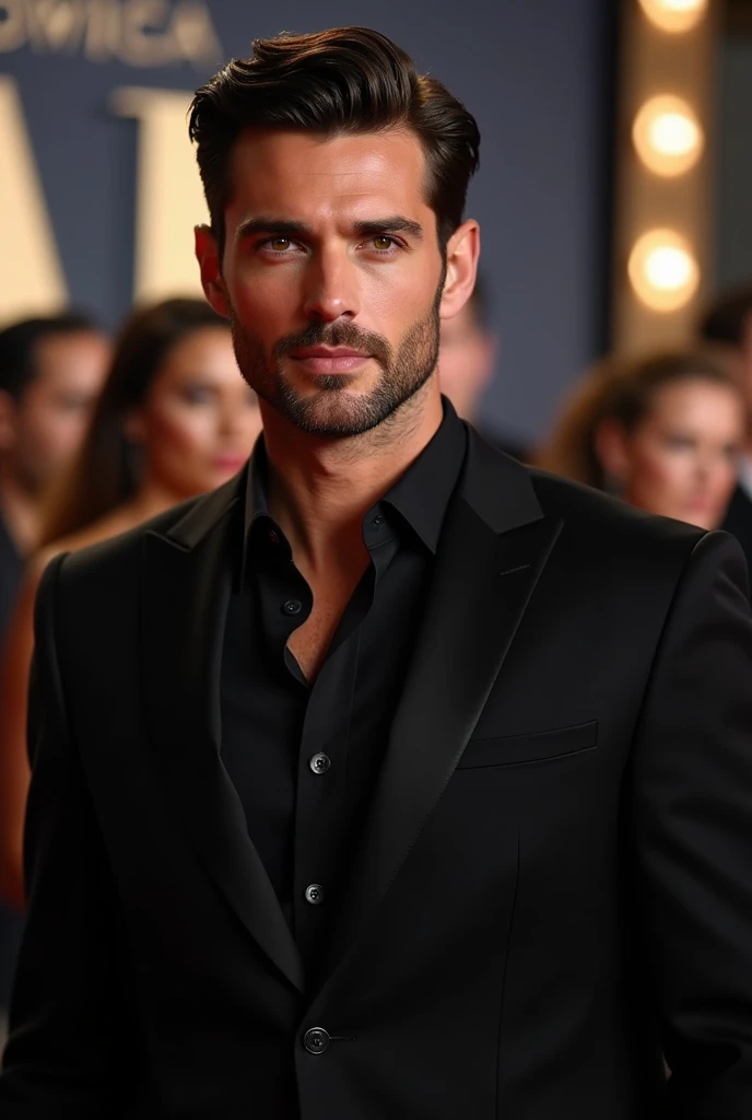 Handsome Man with best features extremely handsome face and hazel eyes and stylish slick back hair and stubble beard dressed all black for gala night quality: ( hyper quality photo and detailed with 92 pixels)  background:  modern movies gala at USA , Los ...