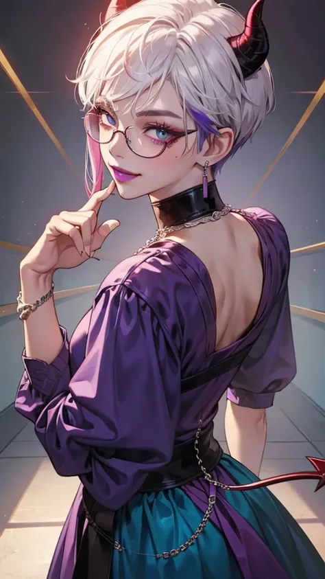 8k, masterpiece, best quality, highly detailed, 1 girl, devil, demon horns, warlock, pixie cut, white hair, multicolored hair, very short straight hair, red highlight hair on white hair, stippled hair, wearing glasses, round glasses, earrings, red eyeshado...