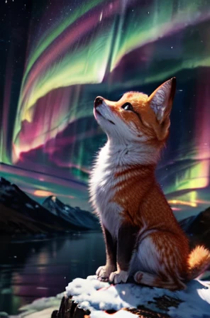 masterpiece、 best quality， high definition ，8ｋ，Aurora over a glacier，cute，Baby kitsune，Looking up from a glacier，