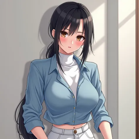 (High quality, 8ก, 4K, high contrast, Masterpiece:1.2, 最High quality, The best aesthetics ), beauty, very detailed, Sexy and erotic girls, (big breasts, long black hair , Low ponytail , Amber eyes ) , Girl 1 , White turtleneck , white pants , Blue shirt , ...