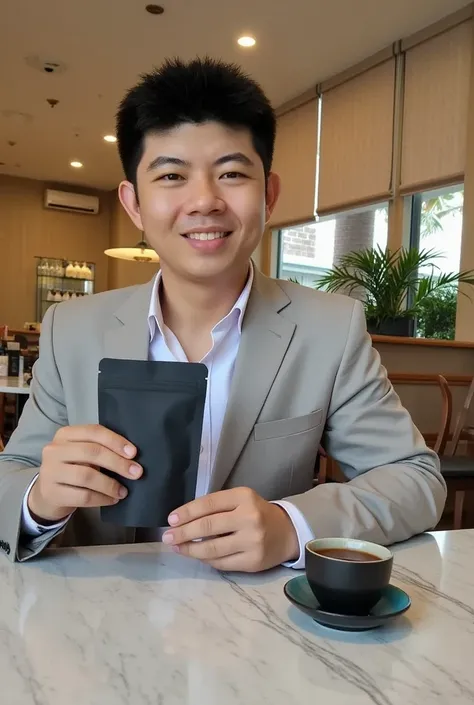 "A photorealistic image of a smart Thai man holding a smaller matte black ziplock stand-up tea pouch, about the size of his hand, appearing compact and portable. The man has a gentle smile and wears a sleek, tailored suit in a neutral tone, exuding sophist...