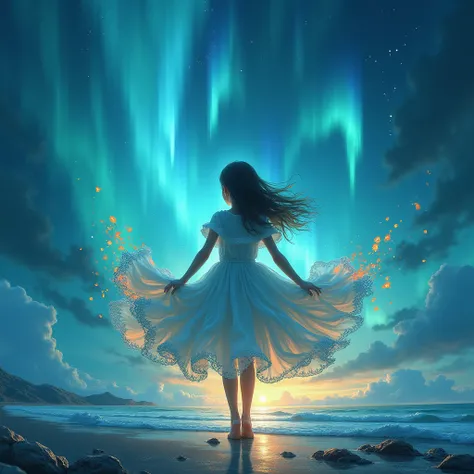 The Northern Lights flow across the sky Like a River ,  through it A girl in a huge dress that stretches across the ground and paints the Northern Lights in new colors,  a very beautiful sight , masterpiece, 8 k,  Best quality, bright colors,  Complex Deta...