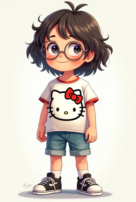 Hello Kitty boy with glasses and wavy hair t-shirt and shorts with black and white sneakers 
