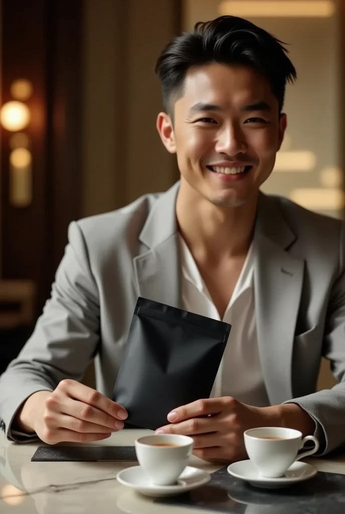 "A photorealistic image of a smart Thai man holding a smaller matte black ziplock stand-up tea pouch, about the size of his hand, appearing compact and portable. The man has a gentle smile and wears a sleek, tailored suit in a neutral tone, exuding sophist...