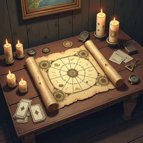 Antique plan of a treasure on a wooden table, with candles, train tickets ,  tarot cards and a compass ,  seen from the front 