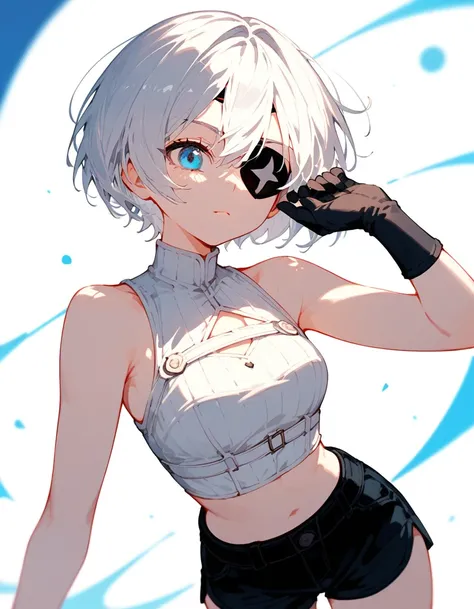 girl,White hair,Short hair, eyes patch, in blue eyes, Medium Chest,Dark circles under the eyes,cute,Wearing black gloves , White Sleeveless Top, black shorts,Stand up straight,