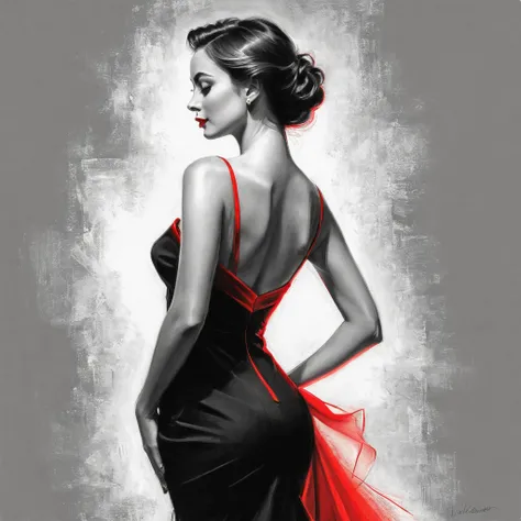 Charcoal drawing, black pencil, pencil drawing, line drawing, elegant beautiful woman in tango dress (her silhouette outlined in glowing red). (style by Vladimir Volegov: 1.1). (her silhouette is outlined in glowing red). red white on gray color palette. p...