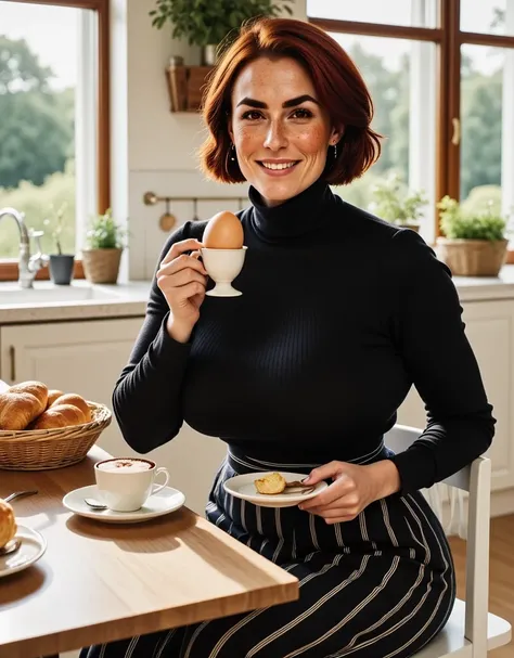 Photorealistic picture, cinematic style, a beautiful British woman in her kitchen eating a soft-boiled egg. Bright lighting, white countertops. Green herbs growing in a pot. She sits on a high chair next to the kitchen island. On the countertop is a basket...