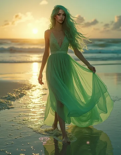 ultra realistic professional full body camera(((emerald-haired goddess in iridescent sage green lace dress that seems alive and breathing, walking on crystalline beach where sand transforms into liquid glass with each step, her smile radiating otherworldly...