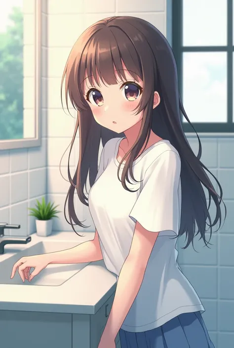 make an anime girl wear white shirt in the toilet