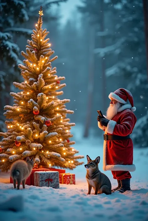  Santa Claus in winter near the Christmas tree and the Snow Maiden give gifts to animals in the forest. It&#39;s snowing. The Christmas tree is decorated with festive lights .  And a girl nearby films it on camera . 