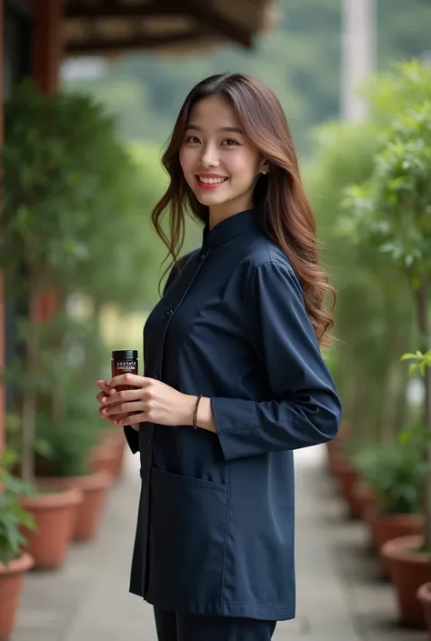 Masterpiece, mountain view, a beautiful Asian female model, about 26-30 years old, with a beautiful face, sharp eyes, perfect skin, good figure, long brown wavy medium long hair style, wearing a dark blue Chinese collar professional therapist dress suit, w...