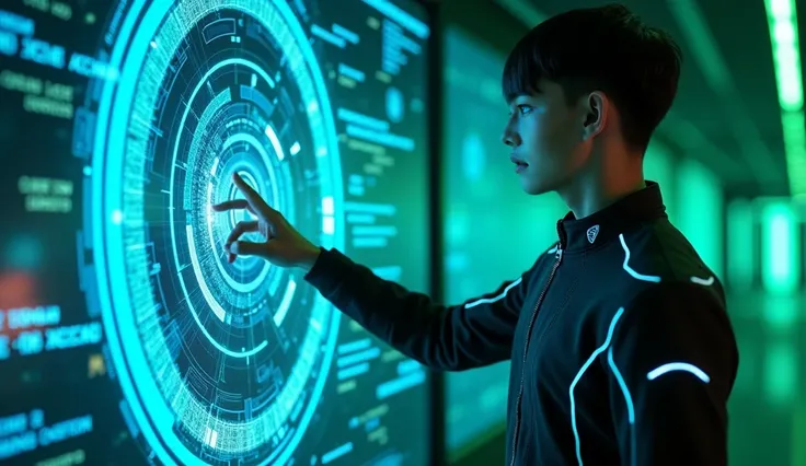 "Arion ,  young man with short dark hair , standing in front of a large hologram screen ,  dressed in a strict black futuristic uniform with bright blue luminous lines . His outstretched hand ,  touching the hologram screen displaying temporal data hoverin...