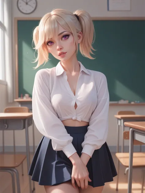 fit angle, realistic, neatly girl like poppy, arrogant facial, skirt, sweaty, in the classroom, evening light,