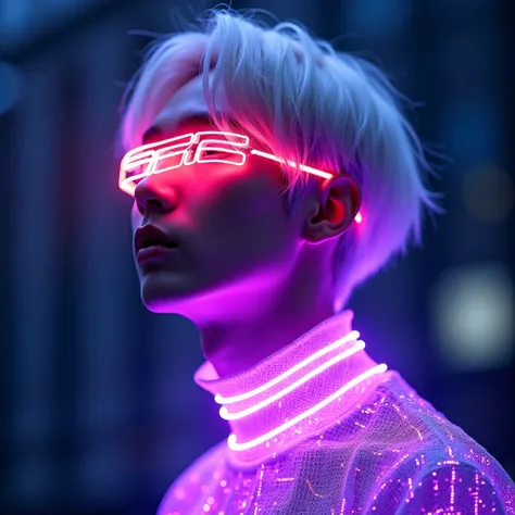 This image has a fashion show atmosphere that echoes cyberpunk era  (cyberpunk)  models in full image of a young Korean man, handsome, silver-haired k-pop wearing a cyberpunk purple light mesh, with a modern and futuristic look. A luminous SXR luminous str...