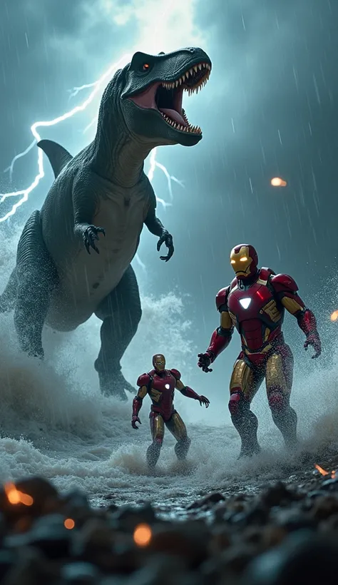 On a stormy battlefield, a ferocious T. rex roars, its massive jaws dripping with rainwater. Beside it, a sleek Iron Man suit glows with pulsating energy, its repulsors primed. Emerging from the ocean, a colossal shark leaps, its fin slicing through the wa...